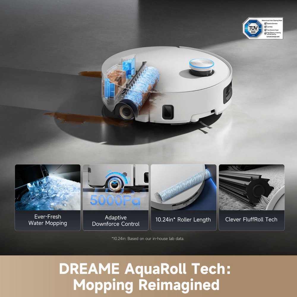 Dreame Aqua10 Ultra Roller AquaRoll 10.24-inch roller mop cleaning a spill with ever-fresh water