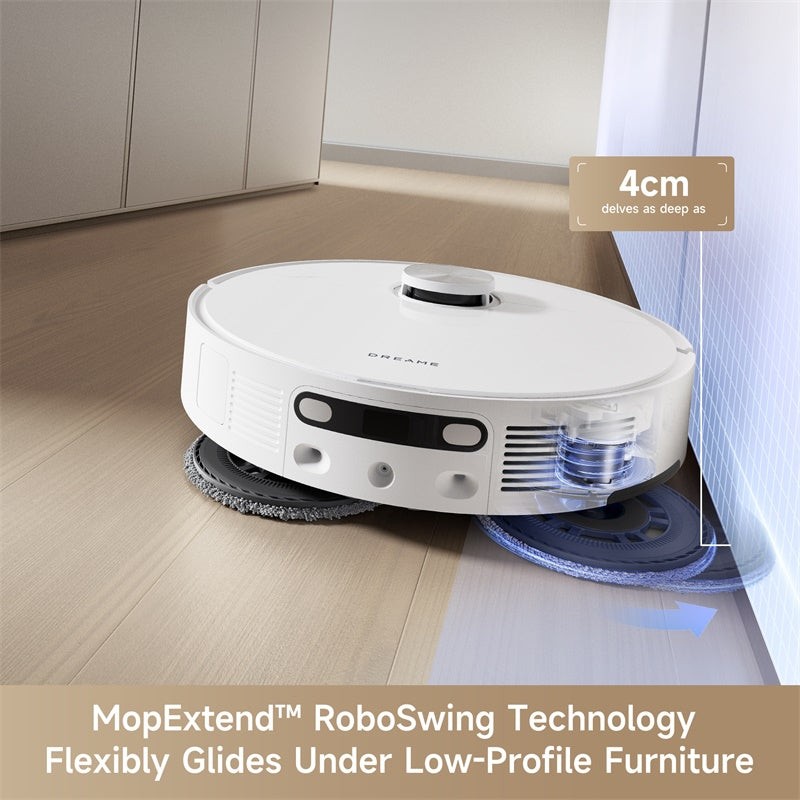 Dreame L10s Ultra Gen 2 MopExtend RoboSwing reaching into low-profile furniture for edge cleaning