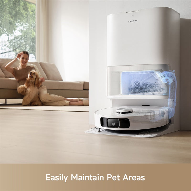 Dreame L10s Ultra in living room with pet owner and dog showing pet-friendly cleaning