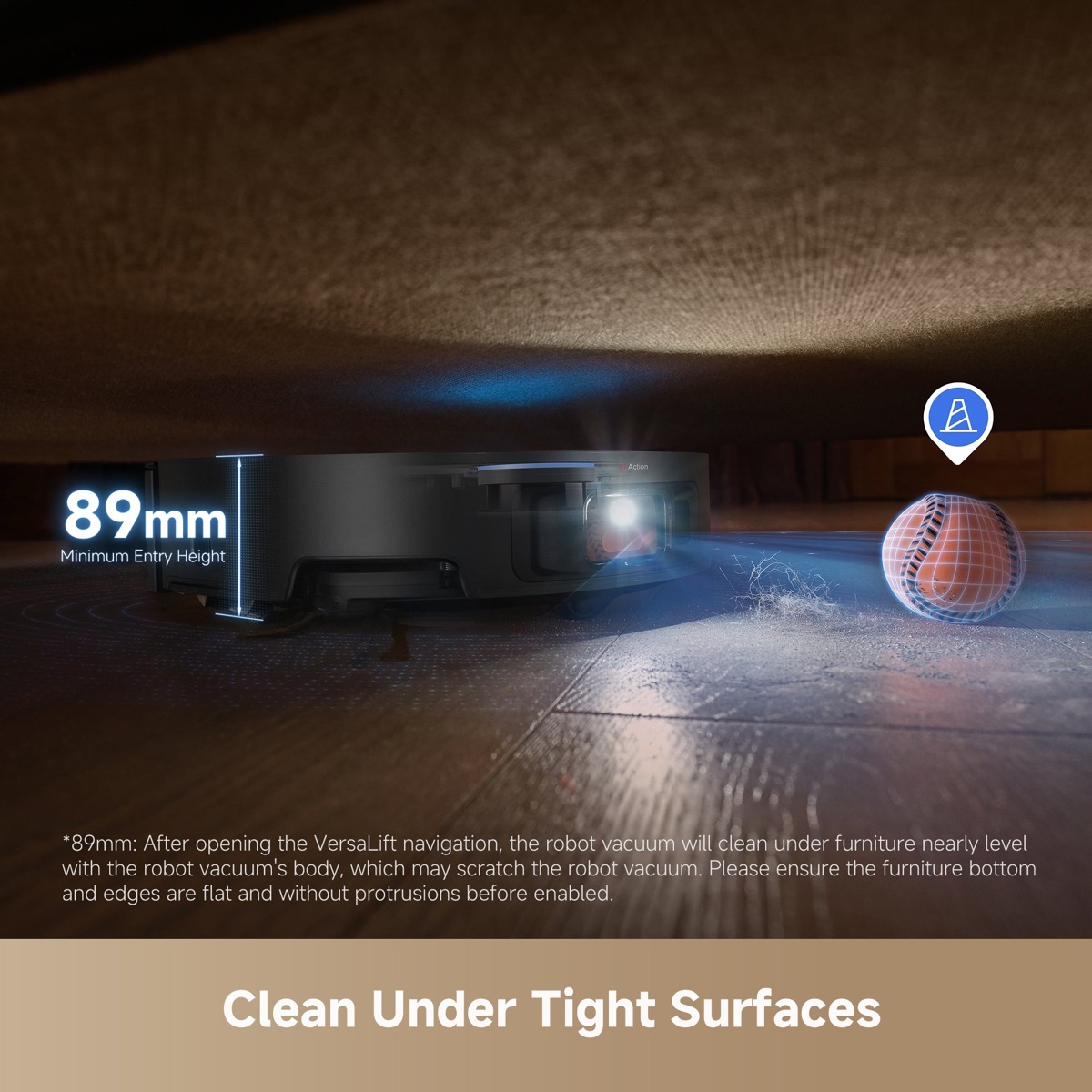 Dreame X50 Ultra retractable LiDAR lowering to 89mm to clean under low furniture