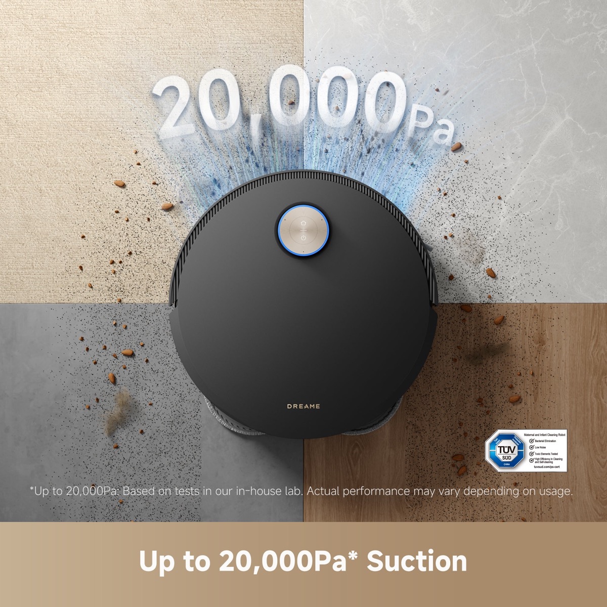 Dreame X50 Ultra 20,000 Pa suction picking up debris on multiple surfaces