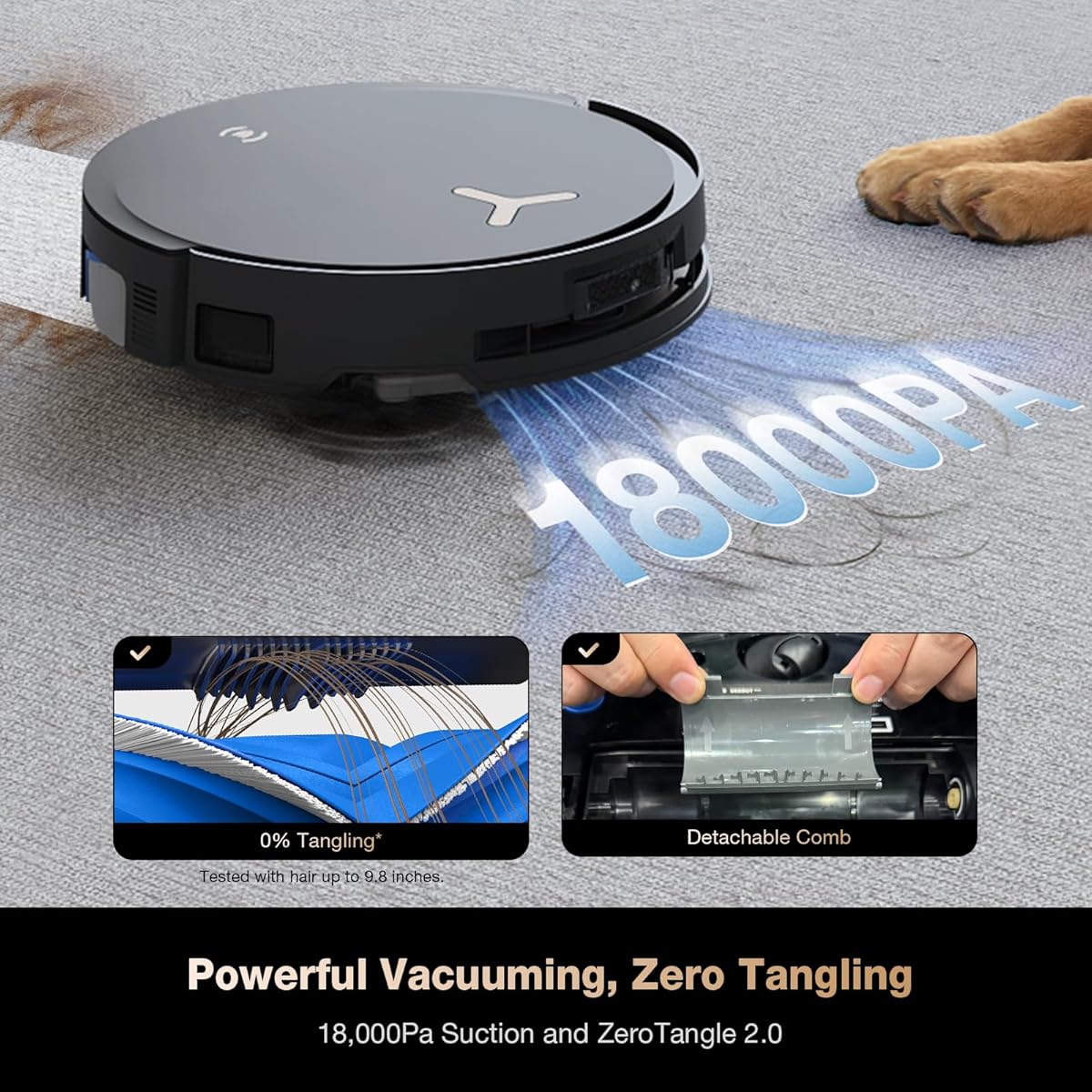 Ecovacs Deebot X8 Pro Omni 18000Pa suction and ZeroTangle 2.0 brush picking up pet hair