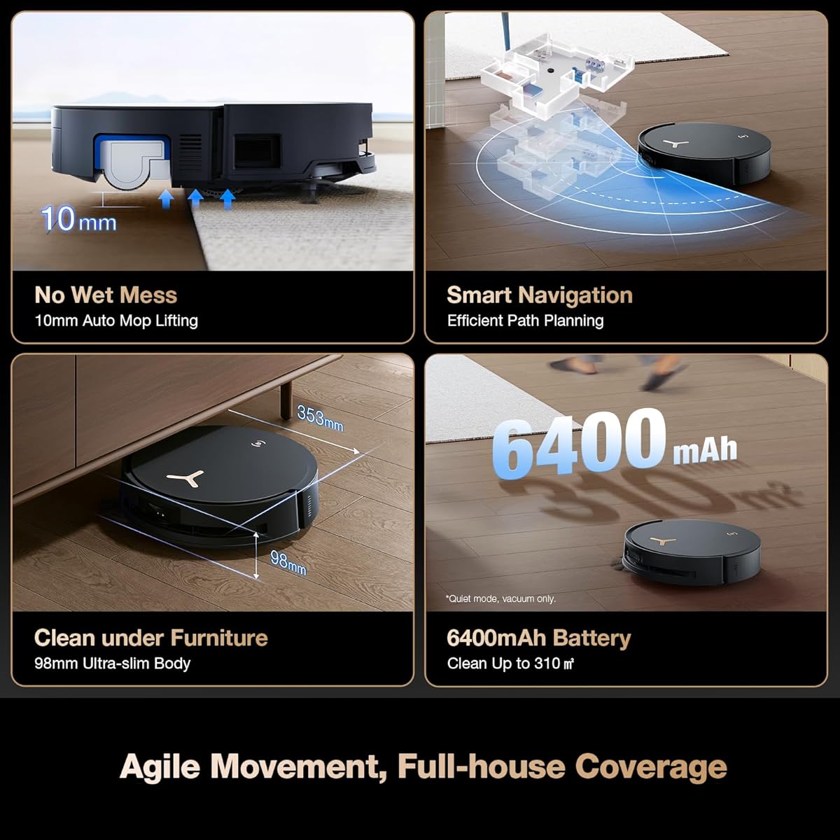 Ecovacs Deebot X8 Pro Omni ultra-slim 98mm body and 353mm diameter cleaning under furniture