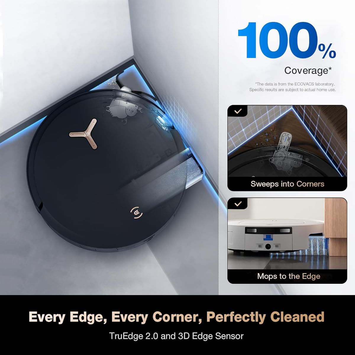 Ecovacs Deebot X8 Pro Omni TruEdge 2.0 extending side brush cleaning into corners and along edges