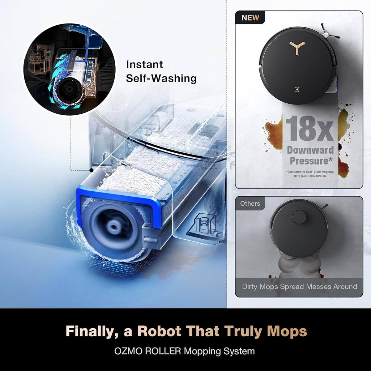 Ecovacs Deebot X8 Pro Omni OZMO Roller self-washing mop system with 18x downward pressure