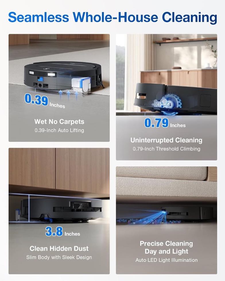 Ecovacs Deebot T80 Omni 3.8-inch slim body cleaning under furniture with 0.39-inch mop auto-lift