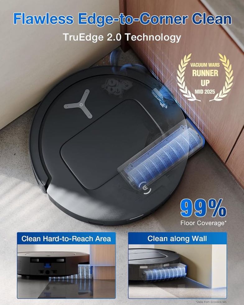 Ecovacs Deebot T80 Omni TruEdge 2.0 edge cleaning along walls with 99 percent floor coverage