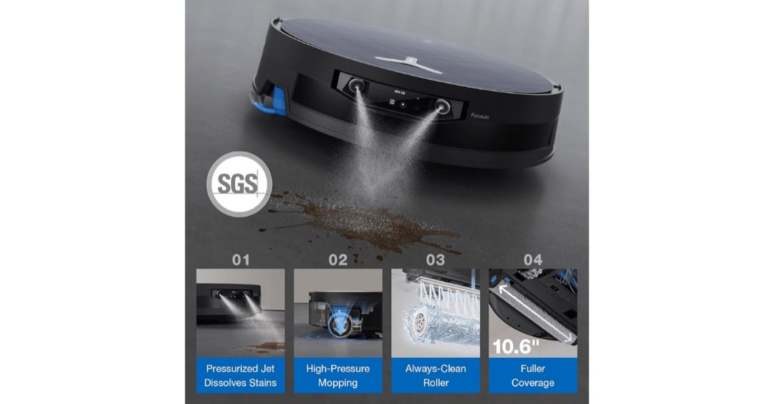 Ecovacs Deebot X12 OmniCyclone FocusJet pre-spray dissolving a dried stain before mopping