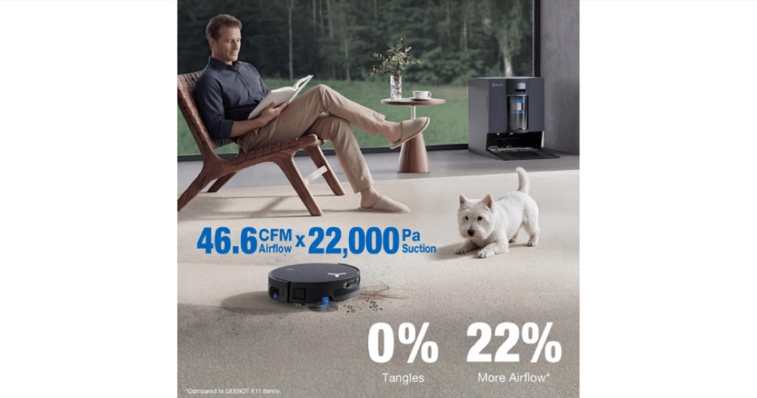 Ecovacs Deebot X12 OmniCyclone 22,000Pa suction picking up debris on hard floor