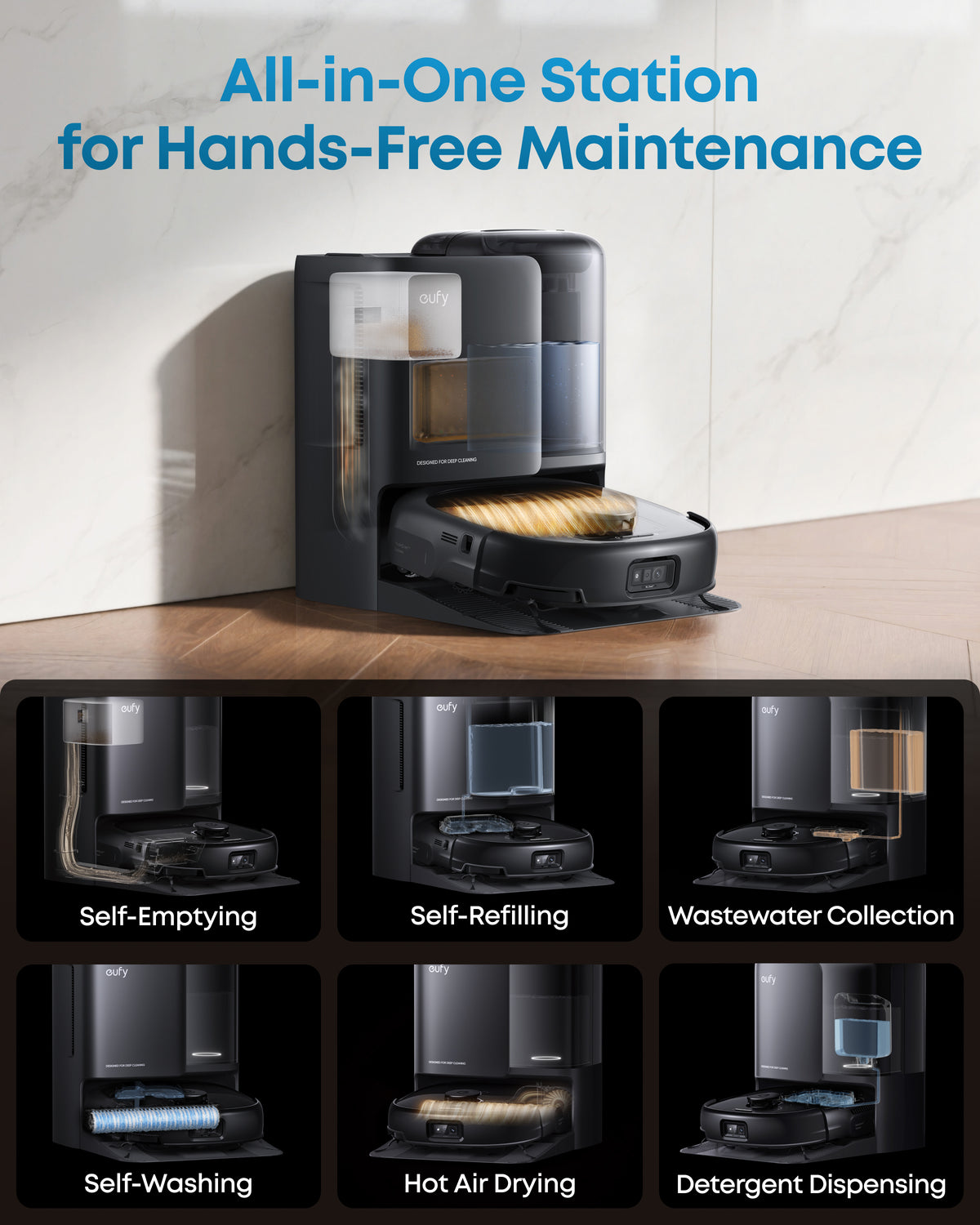 eufy E25 Omni all-in-one station with self-emptying, self-washing, hot air drying and detergent dispensing