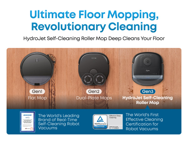 eufy E25 Omni Gen 3 HydroJet roller mop compared with Gen 1 flat mop and Gen 2 dual-plate mop