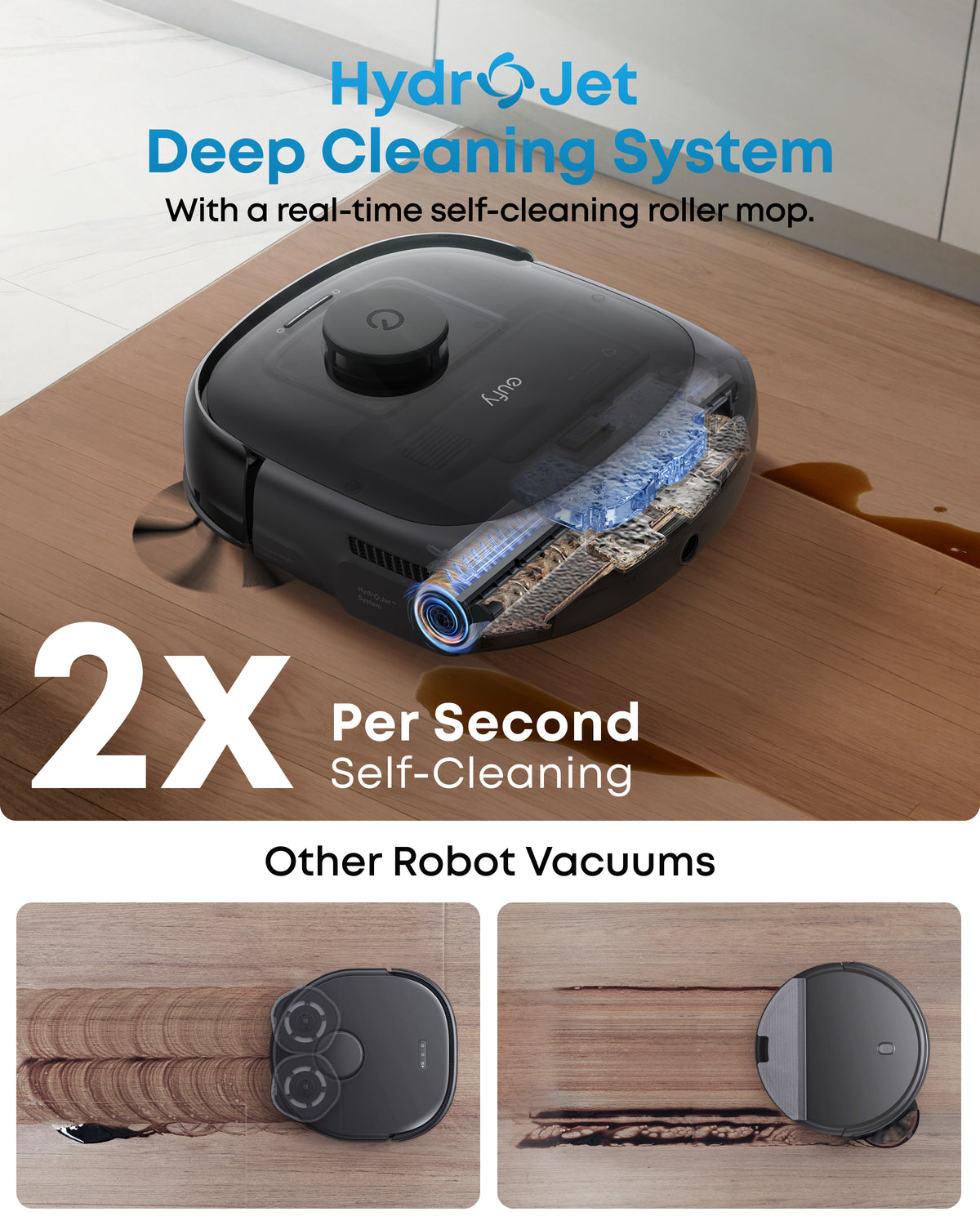 eufy E25 Omni HydroJet self-cleaning roller mop wiping a coffee spill off hardwood floor