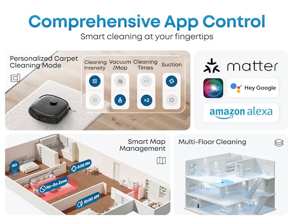 eufy Clean app control for the E28 Omni showing carpet modes, smart map management and multi-floor cleaning