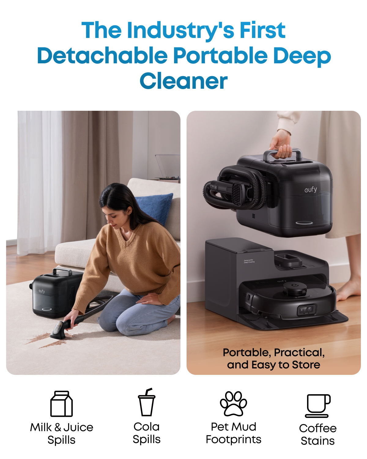 eufy E28 Omni FlexiOne detachable portable deep cleaner handheld being used on a rug stain
