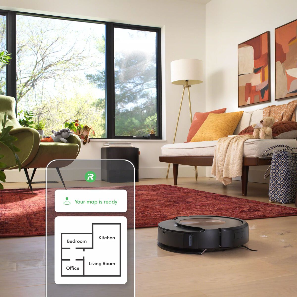 Roomba Combo j9+ Imprint Smart Mapping showing labeled rooms
