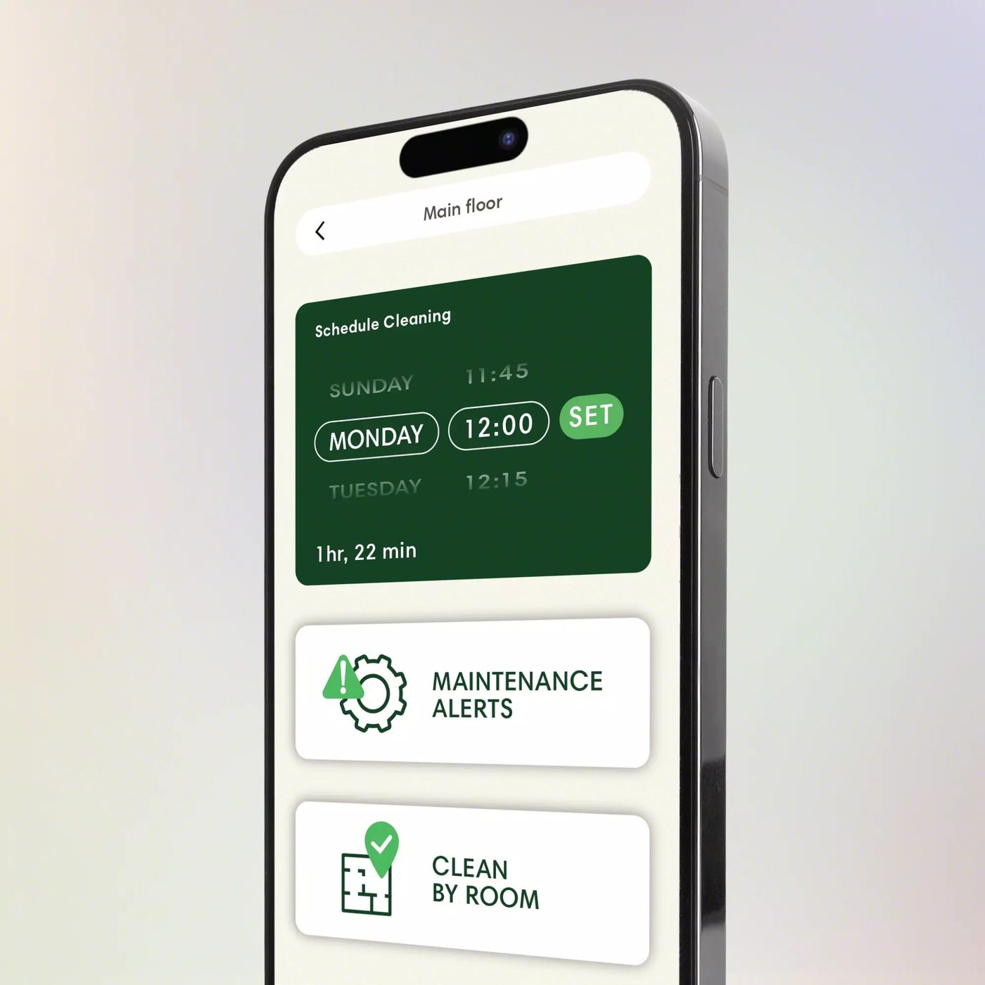 Redesigned Roomba Home app on a phone showing scheduled cleaning for the Plus 505 Combo