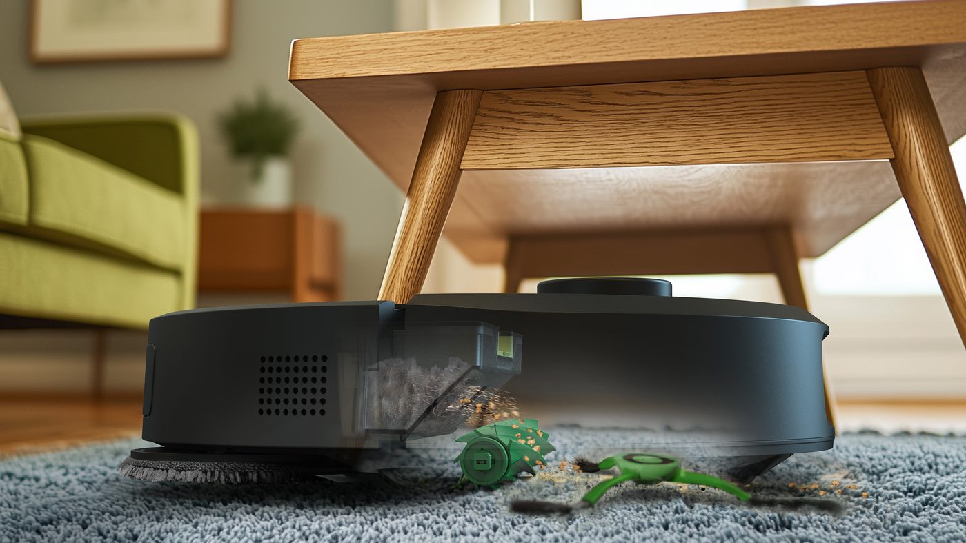 Roomba Plus 505 Combo on a low-pile carpet with mop pads automatically lifted