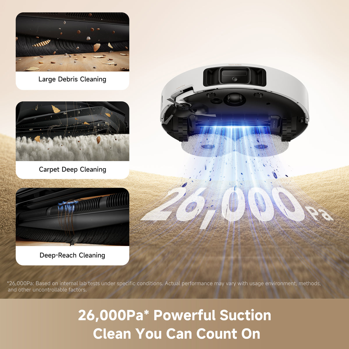 MOVA P10 Pro Ultra Gen2 26,000Pa suction lifting large debris and deep-cleaning carpet