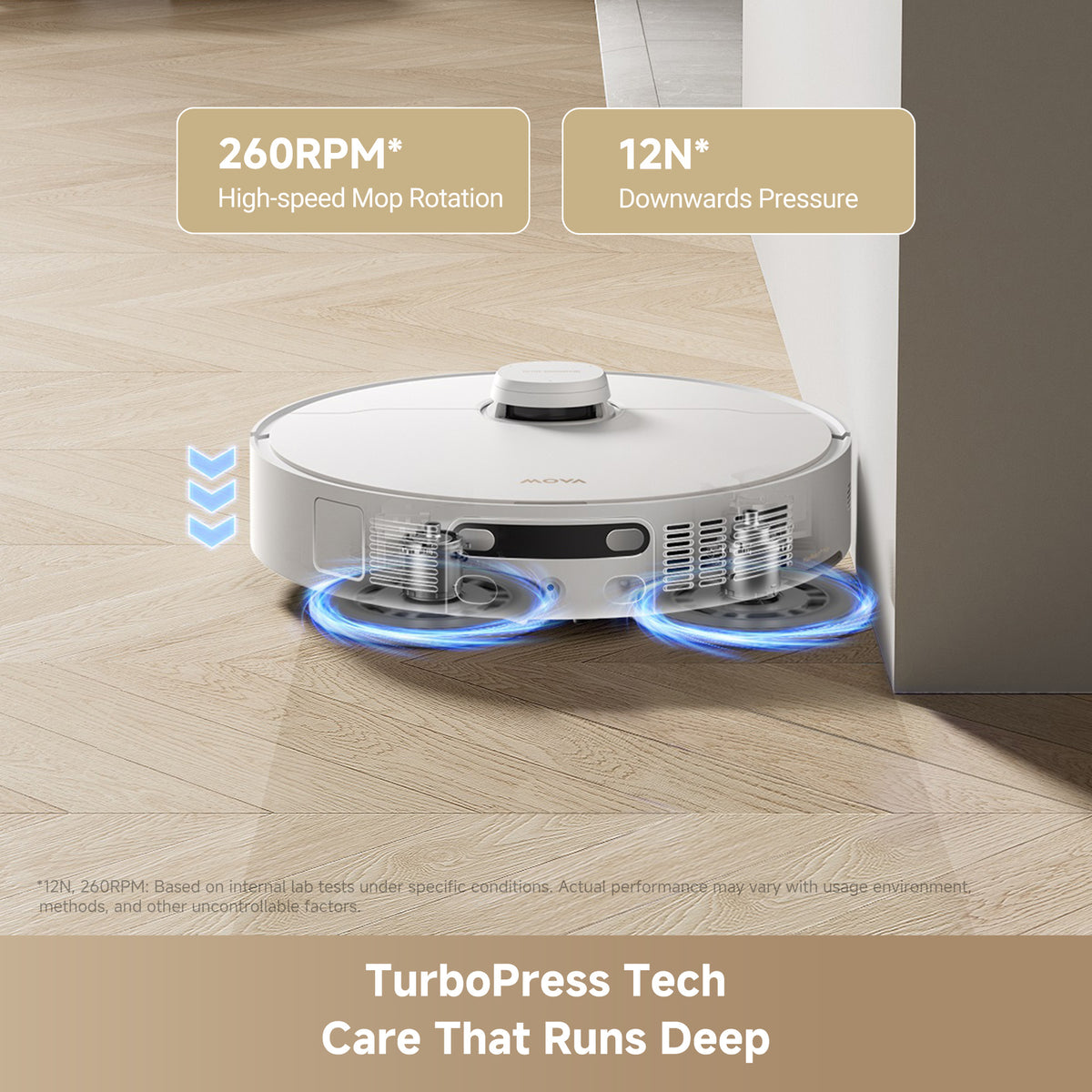 MOVA P10 Pro Ultra Gen2 TurboPress dual spinning mops at 260RPM and 12N pressure on hardwood