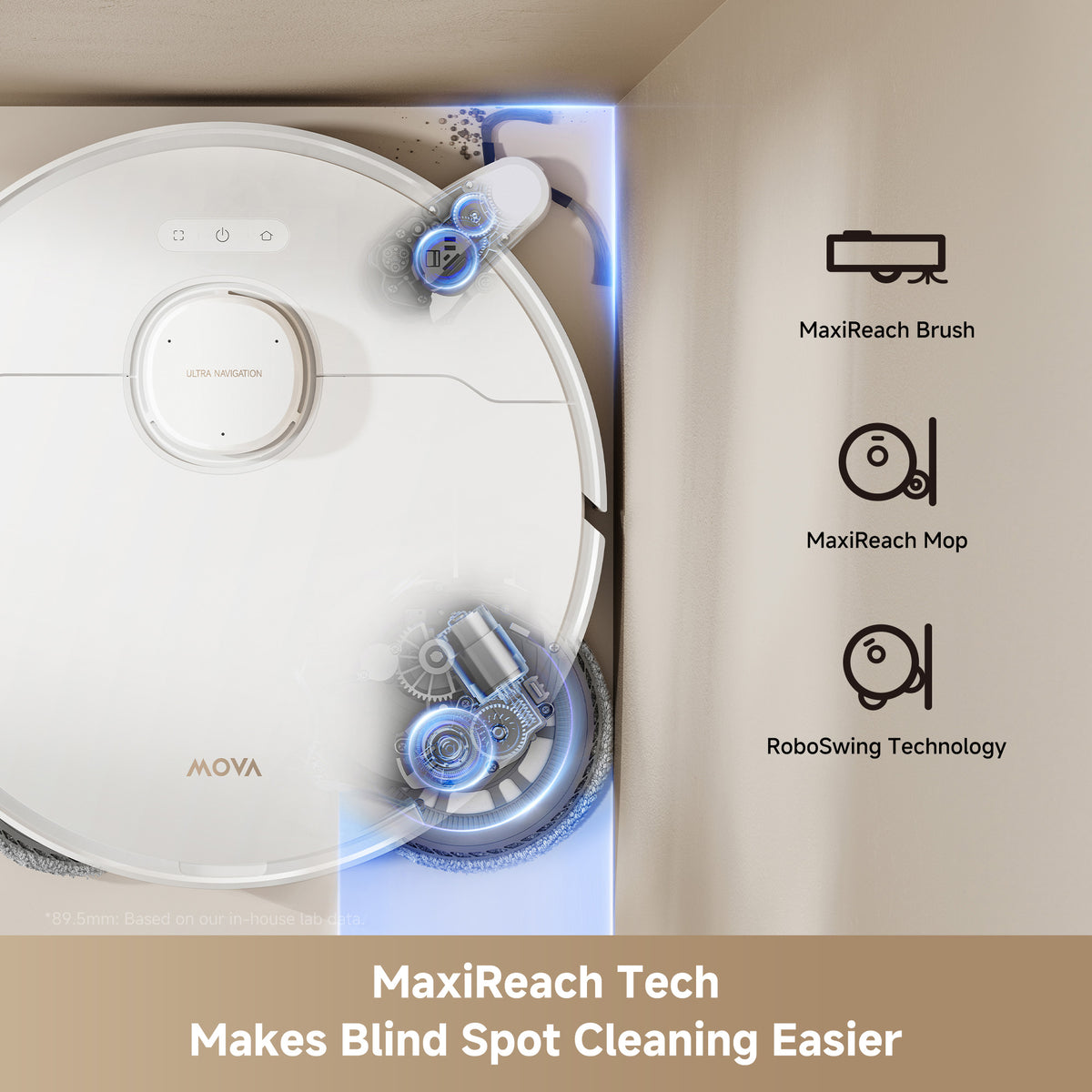 MOVA P10 Pro Ultra Gen2 MaxiReach extendable mop reaching wall edges and corners