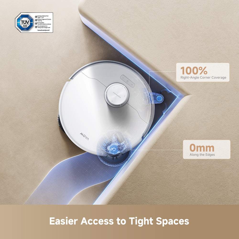 MOVA P50 Pro Ultra FlexReach extending side brush and mop into a corner, TUV certified 100% corner coverage