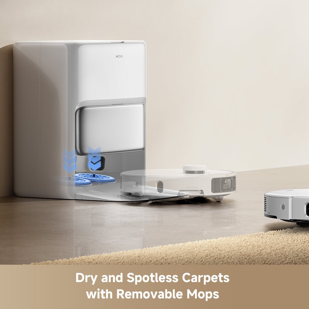 MOVA P50 Pro Ultra removable mop pads cleaning hard floor and lifting on carpet