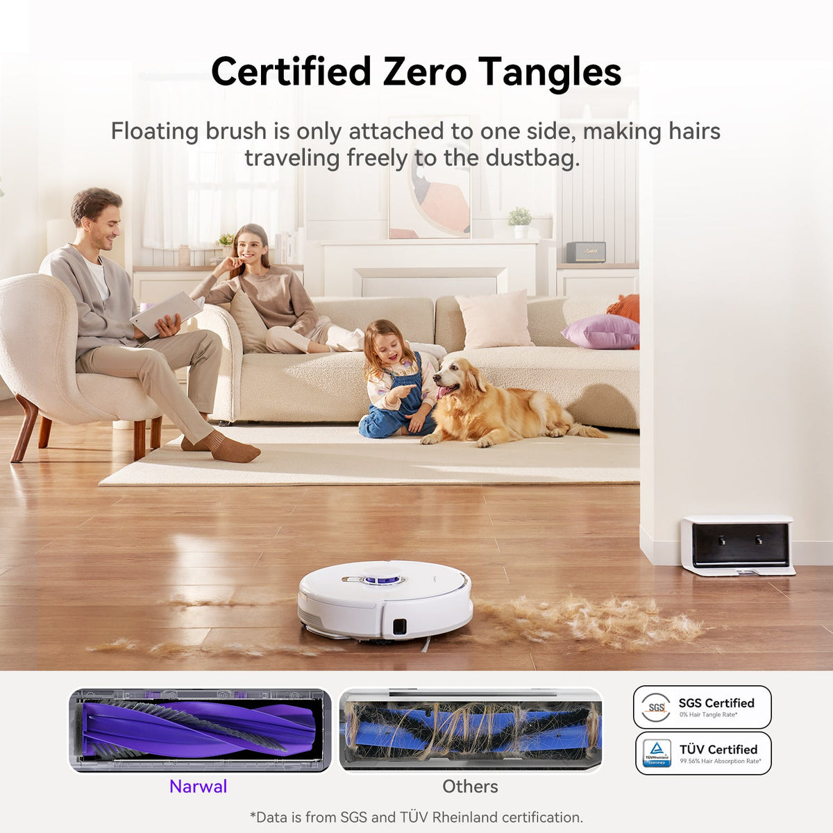 Narwal Freo X Plus Zero Tangle floating brush cleaning dog hair in living room with golden retriever