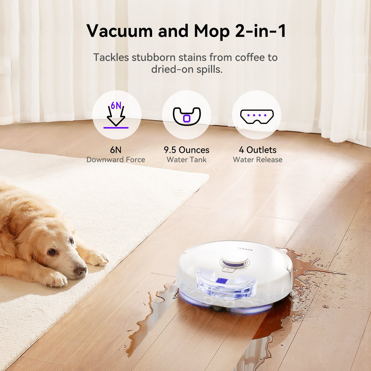 Narwal Freo X Plus vacuum and mop 2-in-1 with 6N downward force and 280ml water tank cleaning hardwood