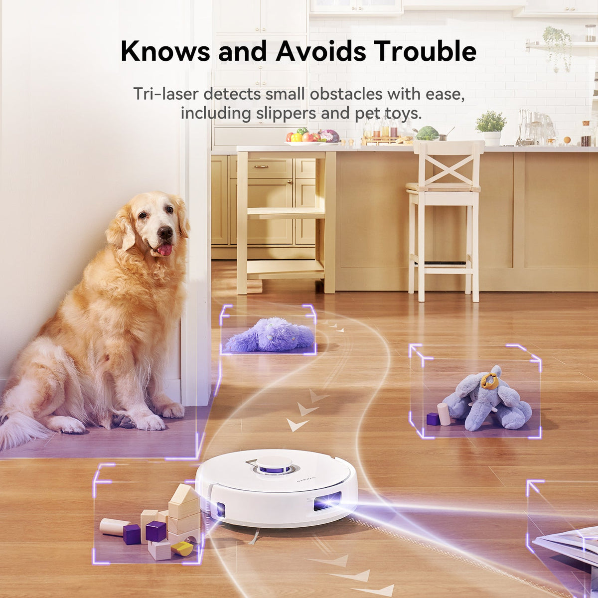 Narwal Freo X Plus Tri-laser obstacle avoidance detecting slippers and pet toys in kitchen