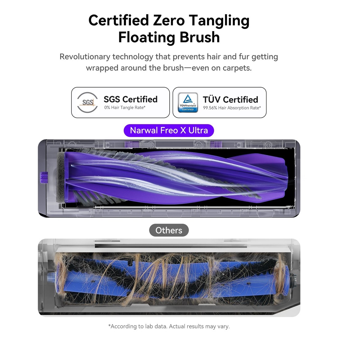 Narwal Freo X Ultra certified zero-tangle floating brush next to a competitor brush wrapped in hair
