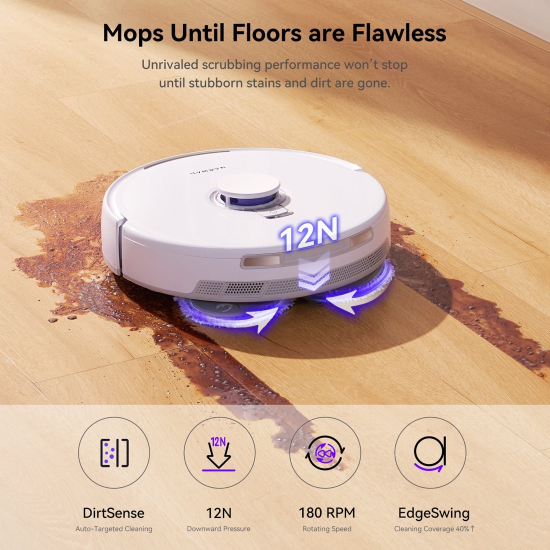 Narwal Freo X Ultra dual spinning mop pads scrubbing a coffee stain with 12N downward pressure