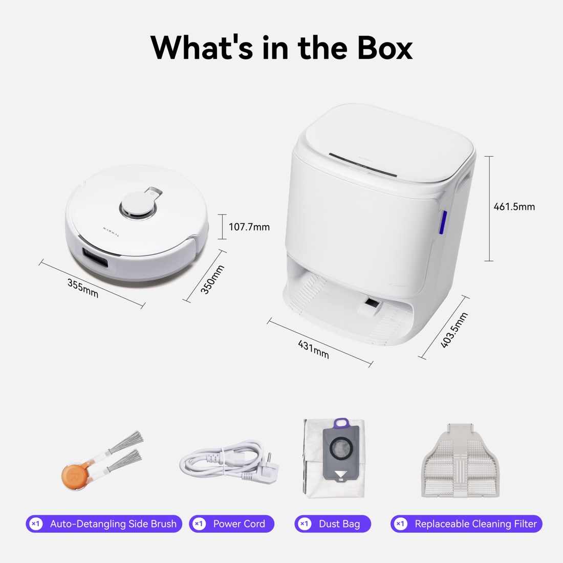 Narwal Freo X10 Pro dimensions and in-box accessories