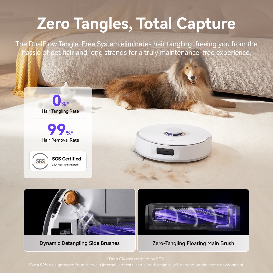Narwal Freo X10 Pro DualFlow tangle-free system cleaning near a long-haired dog
