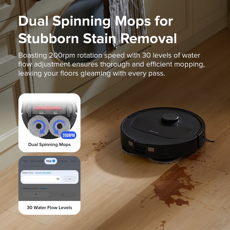 Roborock Q Revo S dual spinning mops at 200rpm removing a stain on hardwood