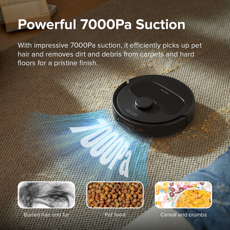 Roborock Q Revo S 7000Pa suction picking up pet hair and cereal on carpet