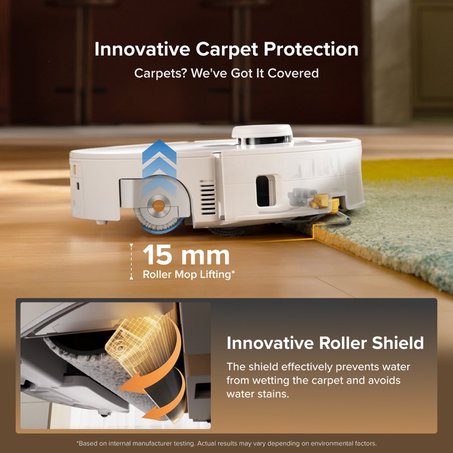 Roborock Qrevo Curv 2 Flow 15mm roller mop lifting and carpet protection