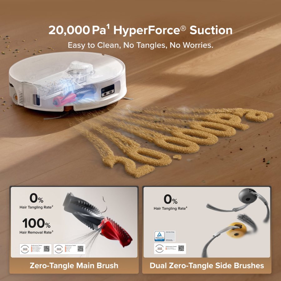 Roborock Qrevo Curv 2 Flow 20000Pa HyperForce suction and zero-tangle brushes