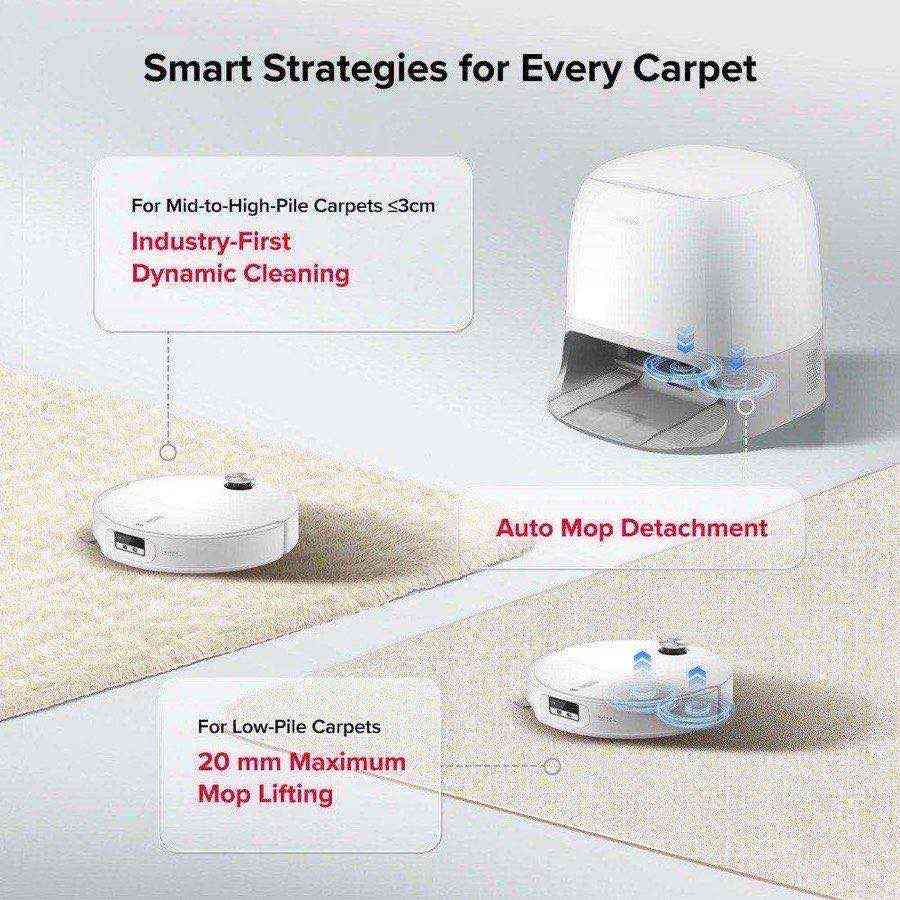 Roborock Qrevo Curv 2 Pro AdaptiLift chassis lifting on carpet with auto mop detachment