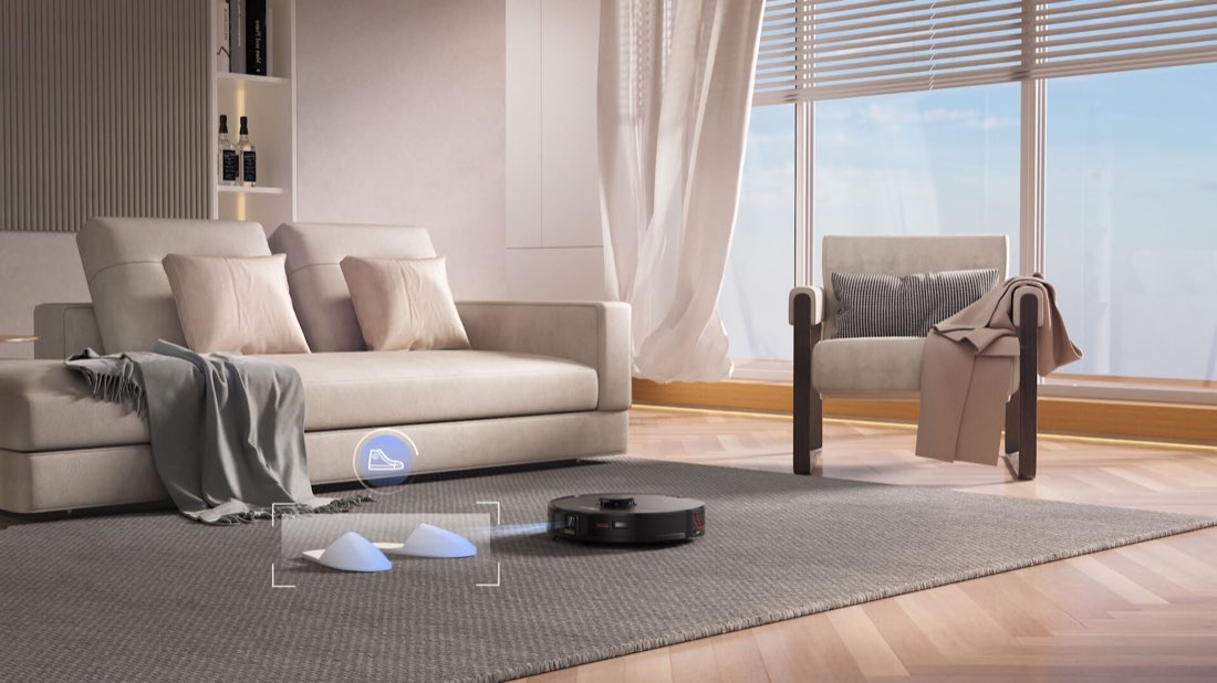 Roborock S7 MaxV Ultra detecting and avoiding slippers on a rug with ReactiveAI obstacle recognition