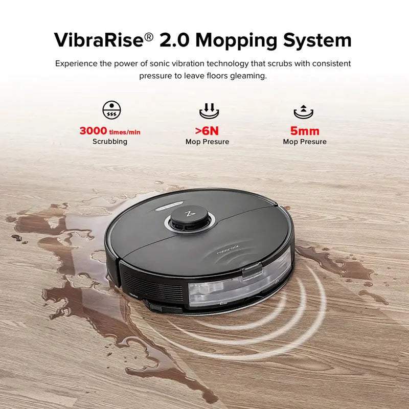 Roborock S8 VibraRise 2.0 sonic mopping system showing 3,000 scrubs per minute and 5mm mop lift