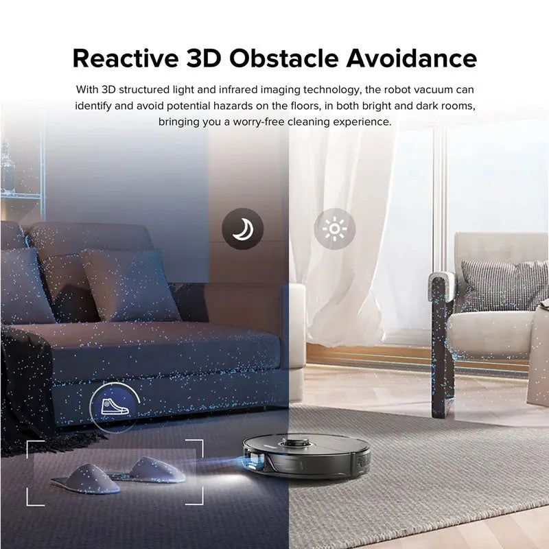 Roborock S8 Reactive 3D obstacle avoidance using structured light and infrared to detect a shoe and slippers in bright and dark rooms