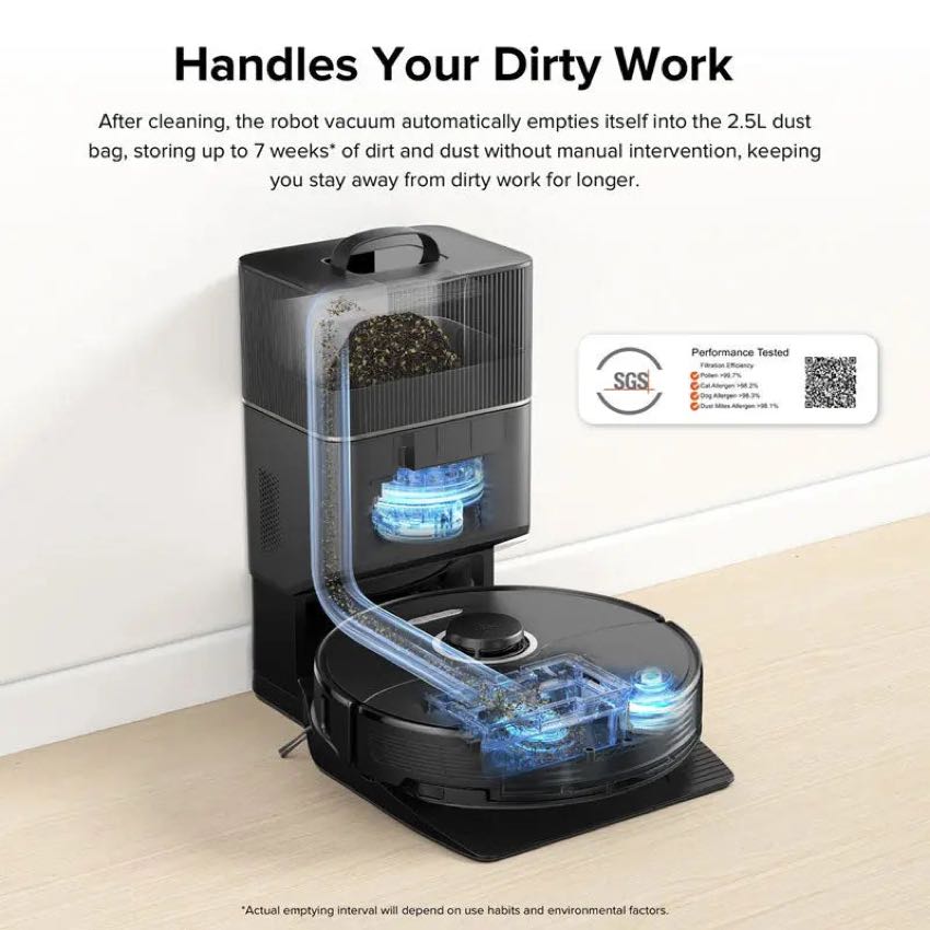 Roborock S8+ auto-empty dock emptying the robot into its 2.5L dust bag for up to 7 weeks